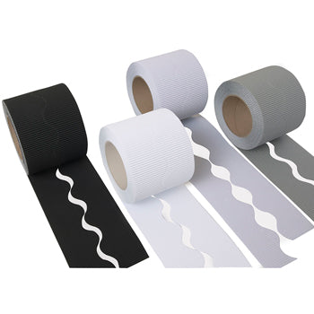 CORRUGATED PAPER BORDER ROLLS, Scalloped Cut Plains Assorted, Monochrome, Pack of 4 rolls