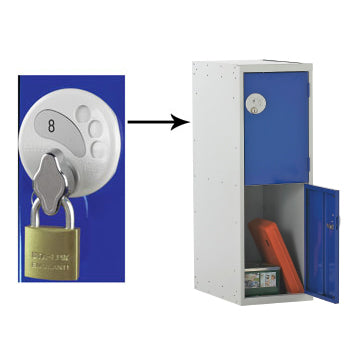 Half Height School Lockers, HALF HEIGHT WITH SWIVEL CATCH LOCK, TWO COMPARTMENT, Nest of 3 Lockers, Blue doors