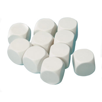 DICE - PLASTIC 18mm, White, Blank On All Sides, Pack of 10