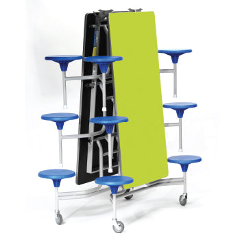 TABLE AND SEATING UNITS, 12 SEAT RECTANGULAR TABLES, Table Top Lime Green, Blue Seats, 740mm height