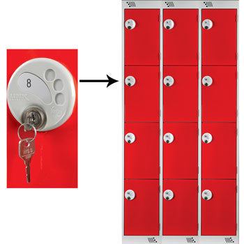 FOUR COMPARTMENT LOCKERS WITH KEY LOCKS, 300 x 450 x 1800mm (w x d x h), Nest of 3 Lockers, Blue doors