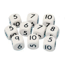DICE - PLASTIC, 18mm, White, Numbered 5 - 10, Pack of 10
