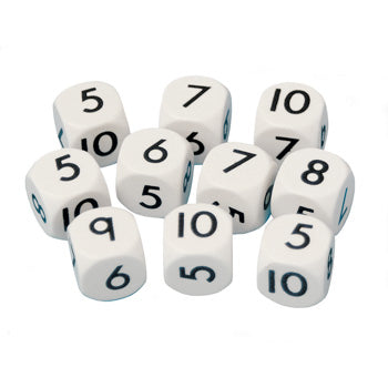 DICE - PLASTIC, 18mm, White, Numbered 5 - 10, Pack of 10