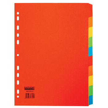 MULTI-PUNCHED TABBED DIVIDERS FOR BINDERS AND FILES, CARD, COLOURED TABS, 10 Positions, Bright Colours, (A4) 223 x 297mm, Box of 10 sets of 10