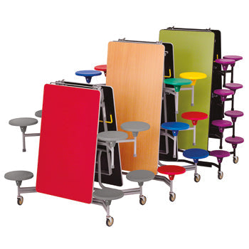 TABLE AND SEATING UNITS, 8 SEAT RECTANGULAR TABLES, Table Top Red, Grey Seats, 740mm height