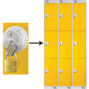 THREE COMPARTMENT LOCKERS WITH SWIVEL CATCH LOCKS, 300 x 450 x 1800mm (w x d x h), Nest of 3 Lockers, Blue doors