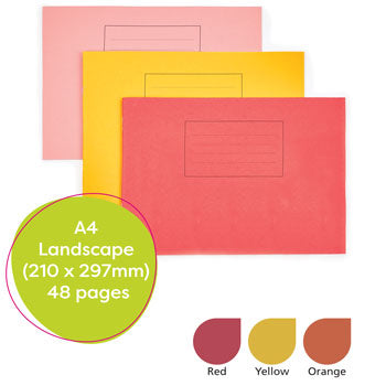 EXERCISE BOOKS, MANILLA COVERS, A4 Landscape (210 x 297mm), 48 pages, 225gsm Manilla Cover, Red, 20mm ruled, Pack of 100