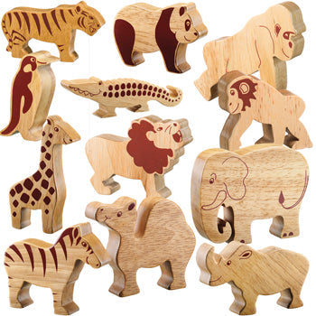 NATURAL WOODEN WILD ANIMALS, Age 12mths+, Set of 12