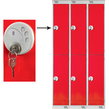 TWO COMPARTMENT LOCKERS WITH KEY LOCKS, 300 x 300 x 1800mm (w x d x h), Nest of 3 Lockers, Red doors