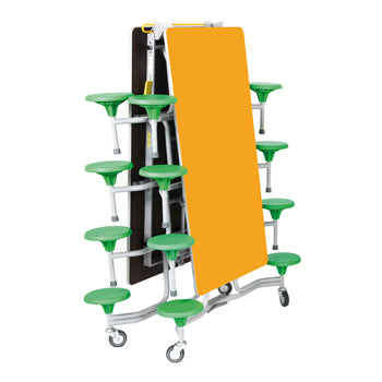 TABLE AND SEATING UNITS, 16 SEAT RECTANGULAR TABLES, Table Top Yellow, Green Seats, 610mm height