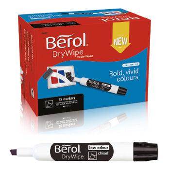 MARKERS, DRYWIPE WHITEBOARD, CHISEL TIP,  DRYWIPE PEN SHAPE MARKERS, Berol DryWipe Marker, Chisel Tip, Black, Class Pack of 48