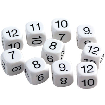 DICE - PLASTIC, 18mm, White, Numbered 7 - 12, Pack of 10