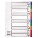 MULTI-PUNCHED TABBED DIVIDERS FOR BINDERS AND FILES, POLYPROPYLENE, COLOURED TABS, 10 Positions, Assorted Colours, (A4) 223 x 297mm, 25 x Set of 10