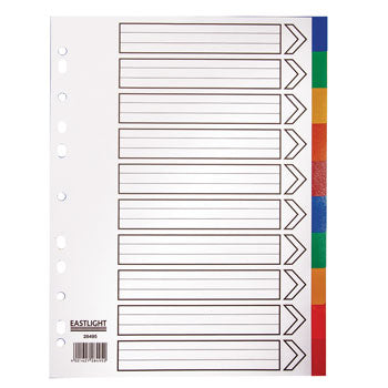 MULTI-PUNCHED TABBED DIVIDERS FOR BINDERS AND FILES, POLYPROPYLENE, COLOURED TABS, 10 Positions, Assorted Colours, (A4) 223 x 297mm, 25 x Set of 10