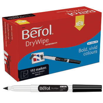 DRYWIPE PENS SLIMLINE BARRELS, DRYWIPE PEN SHAPE MARKERS, Berol DryWipe, Fine Tip, Black, Class Pack of 192