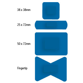 PLASTERS, STERILE, INDIVIDUALLY WRAPPED, BLUE METALLIC DETECTABLE PLASTERS, 50 x 75mm, Box of 50